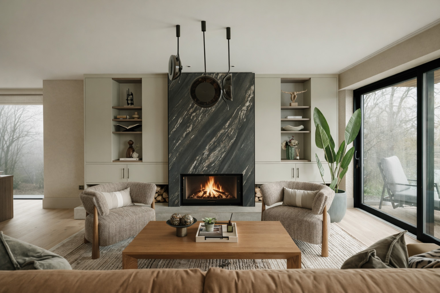 Modern living room with woodland view